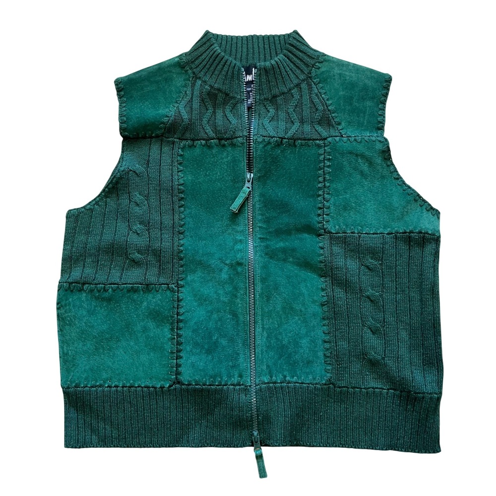 Ambra Green Suede Leather Patchwork Cable Knit Zip Up Vest Womens Petite LargePL